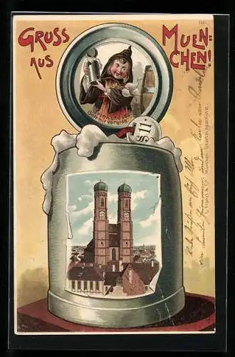 Lithographie München, Münchner Kindl im Deckel eines Bierkruges