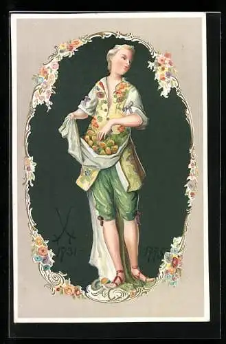 AK Motiv auf Meissner Porzellan, Schöne Frau mit Blumen im Schoss