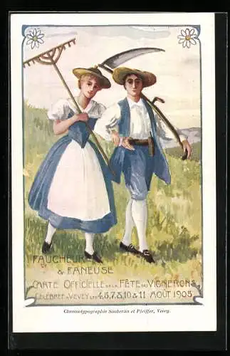 Künstler-AK Vevey, La Fête des Vignerons 1905, Faucheur & Faneuse