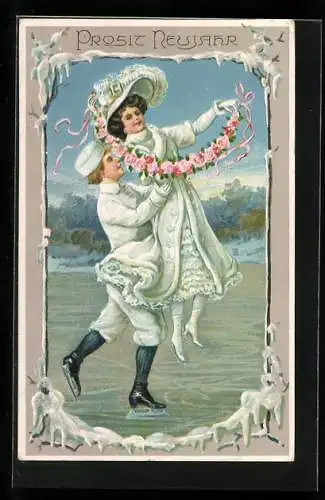 AK Paar mit Blumengirlande auf der Eisbahn, Neujahrsgruss