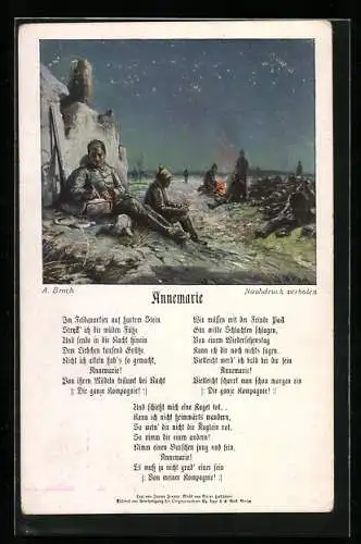 Künstler-AK A. Broch: Annemarie, Marschlied, Soldaten schreiben Feldpost im Lager