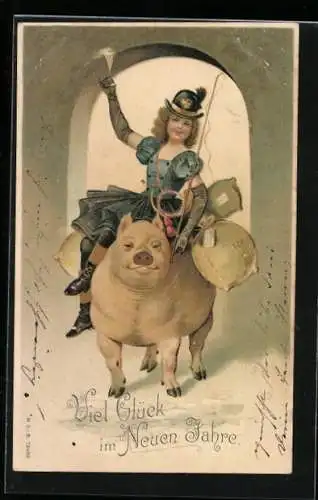 Künstler-AK Junge Frau mit Geldsäcken auf dickem Schwein - Neujahrsgruss