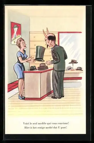 AK Frau verkauft einem Mann mit Hörnern einen hohen Zylinder