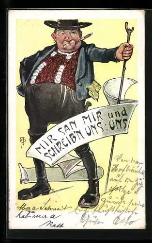 AK Mann in bayerischer Tracht mit einem Stock in der Hand