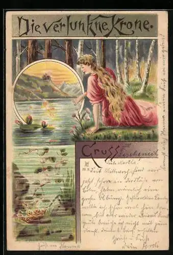 Lithographie Junge Prinzessin im Wald sucht ihre Krone im Wasser, Sage