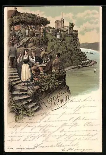 Lithographie Schloss Rheinstein, Weinterrasse