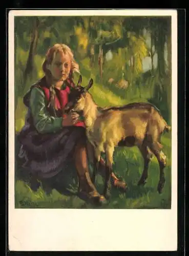 Künstler-AK sign. E. Hodel: Pro Juventute, Jugendfreunde, Maid und Ziege