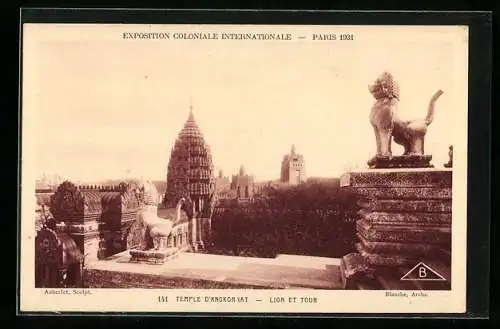 AK Paris, Exposition Coloniale Internationale 1931, Temple D`Angkor-Vat, Lion et Tour