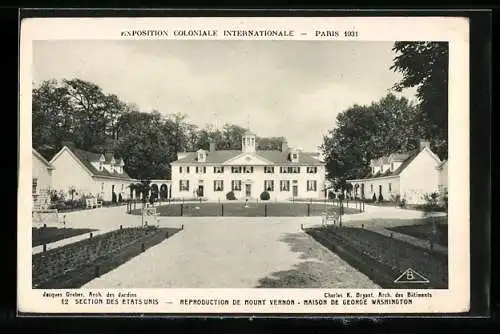 AK Paris, Exposition coloniale internationale 1931, Reproduction de Mount Vernon, Maison de George Washington