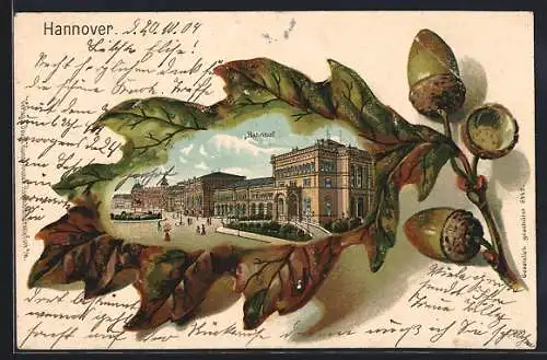 Passepartout-Lithographie Hannover, Partie am Bahnhof, Eichenblatt