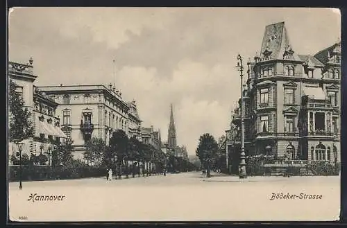 AK Hannover, Partie in der Bödeker-Strasse mit Blick auf Kirche