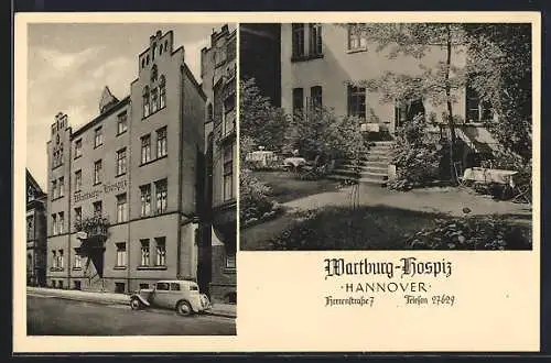 AK Hannover, Wartburg-Hospiz, Herrenstrasse 7, mit Gartenansicht