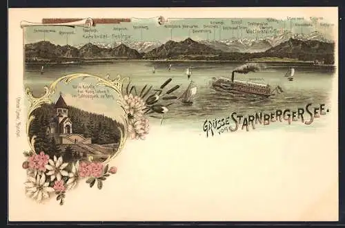 Lithographie Berg / Starnberger See, Votivkapelle für König Ludwig II. im Stadtpark, Dampfer auf dem Starnberger See