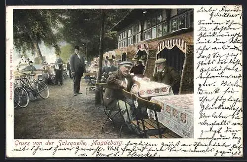 AK Magdeburg, Gasthaus Salzquelle, Menschen im Gartenlokal