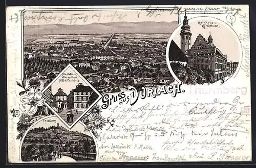 Lithographie Durlach, Hauptstrasse mit Hotel Carlsburg u. Wasserturm, Rathhaus u. Kirchthurm, Ortsansicht