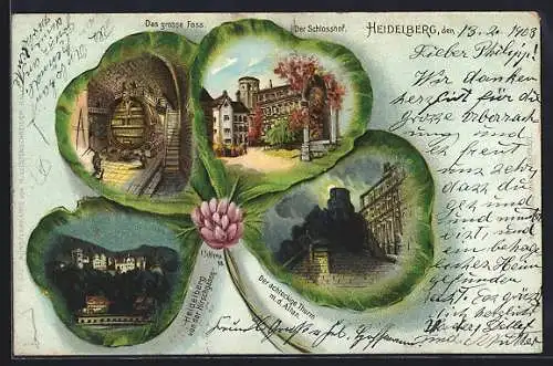 Passepartout-Lithographie Heidelberg, achteckiger Turm m. d. Altan im Kleeblatt