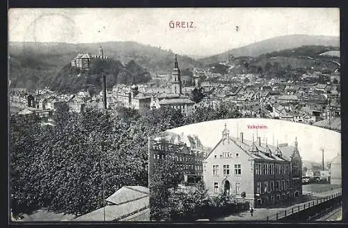 AK Greiz, Volksheim aus der Vogelschau, Ortsansicht mit Bergpanorama aus der Vogelschau