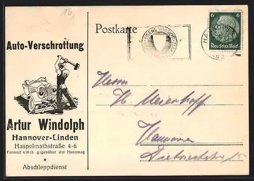 Künstler-AK Hannover-Linden, Auto-Verschrottung Artur Windolph, Haspelmathstrasse 4-6