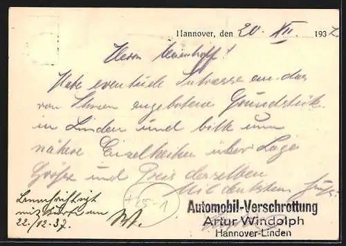 Künstler-AK Hannover-Linden, Auto-Verschrottung Artur Windolph, Haspelmathstrasse 4-6