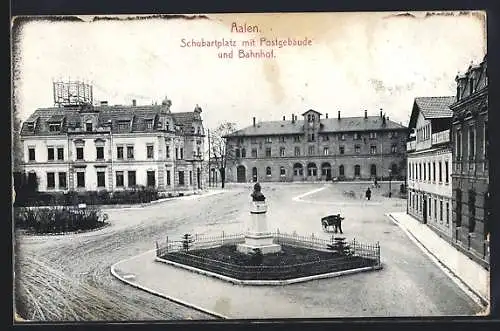 AK Aalen, Schubartplatz mit Postgebäude und Bahnhof