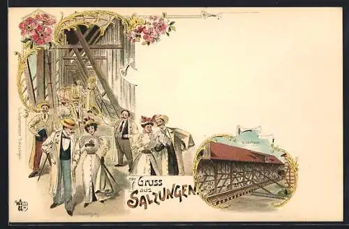 Lithographie Salzungen, Leute beim Gradirgang