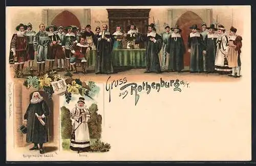 Lithographie Rothenburg / Tauber, Bürgermeister Bezold, Altb. Nusch mit Männergruppe