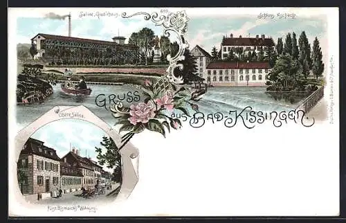 Lithographie Bad Kissingen, Saline Gradirhaus, Schloss Aschach, Obere Saline