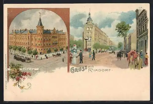 Lithographie Rixdorf, Rathaus, Strassenpartie mit Strassenbahn