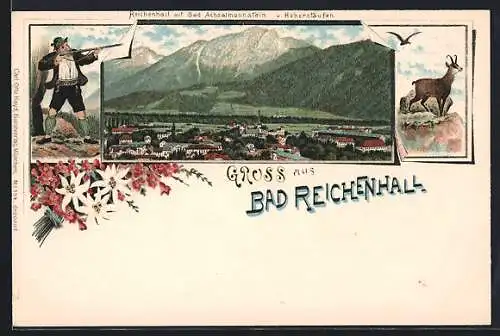 Lithographie Bad Reichenhall, Teilansicht mit Bad Achselmannstein und Hoherstaufen