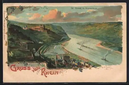 Lithographie St. Goar /Rhein, Panorama mit Rheinfels