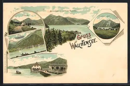 Lithographie Walchensee, Klösterli, Post, Sachenbach