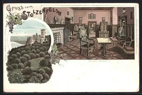 Lithographie Koblenz, Schloss Stolzenfels, Innenansicht Kaiser-Zimmer