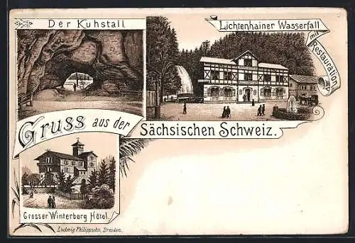 Lithographie Grosser Winterberg /Sächsische Schweiz, Hotel Grosser Winterberg, Lichtenhainer Wasserfall mit Restaurant