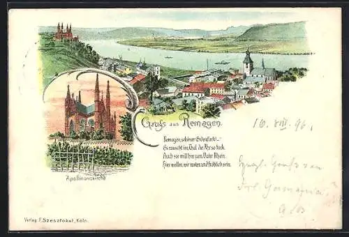 Lithographie Remagen, Apollinariskirche, Ortsansicht mit Rhein