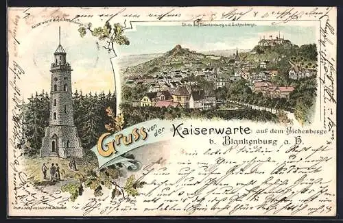 Lithographie Blankenburg a. H., Kaiserwarte auf dem Eichenberge, Ortsansicht