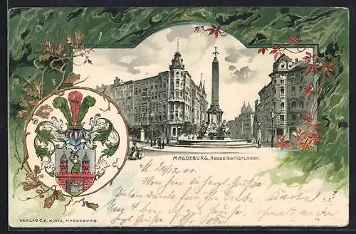 Passepartout-Lithographie Magdeburg, Hasselbachbrunnen, Wappen