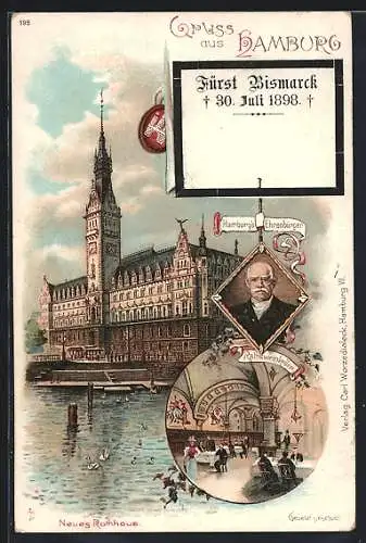 Lithographie Hamburg, Neues Rathaus, Gasthaus Ratsweinkeller, Bismarck, Trauerkarte 1898