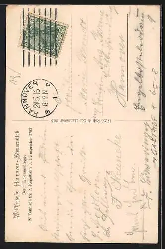 AK Hannover, Gasthof Steuerndieb, Bes. E. Semmelroge, Tennisplatz und Sitze draussen