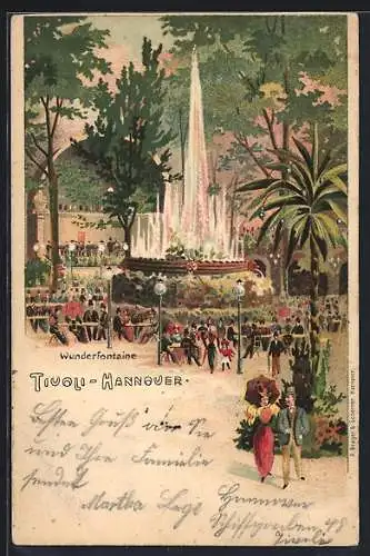 Lithographie Hannover, Gasthof Tivoli, Wunderfontaine im Garten