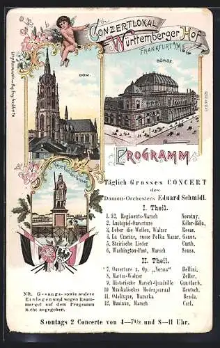 Lithographie Frankfurt a. M., Conzertlokal Württemberger Hof, Dom, Börse und Denkmal Karls des Grossen