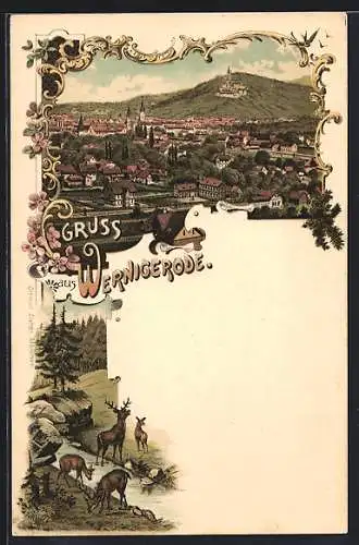 Lithographie Wernigerode, Totalansicht, Hirsche