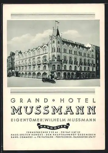 AK Hannover, Grand Hotel Mussmann, Bes. Wilhelm Mussmann, Aussenansicht