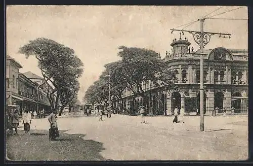 AK Colombo, York Street mit Strassenbahnen