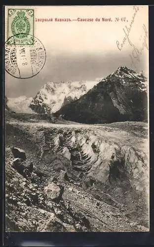 AK Nördlicher Kaukasus, Gletscher vor verschneiten Gipfeln