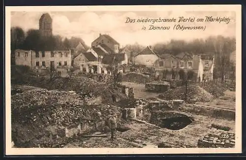 AK Domnau, Niedergebranntes Viertel am Marktplatz, mit Soldat