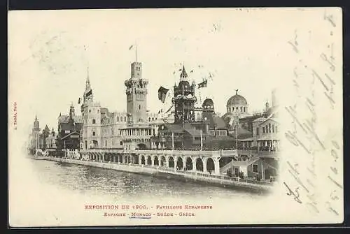 Mondschein-AK Paris, Exposition universelle de 1900, Pavillons Etrangers, Espagne, Monaco, Suède, Grèce