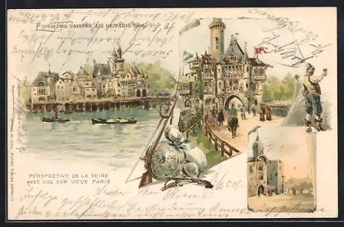 Lithographie Paris, Exposition universelle de 1900, Perspective de la Seine avec vue sur vieux Paris