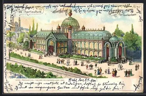 Lithographie Dresden, Gross Deutsche Gartenbauausstellung 1900, Gebäude für Gartenbau, Reklame für Liqueur Lodin!