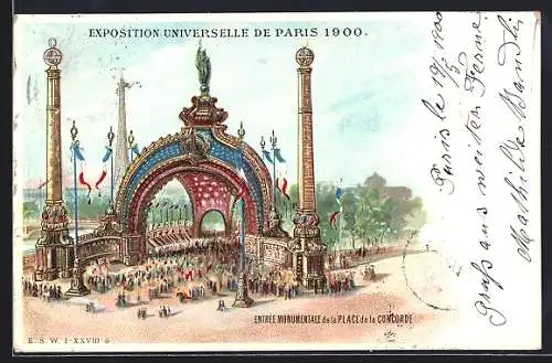 Lithographie Paris, Exposition universelle de 1900, Entrée Monumentale de la Place de la Concorde