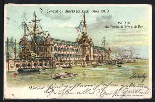 Lithographie Paris, Exposition universelle de 1900, Palais de Armées de Terre et de Mer